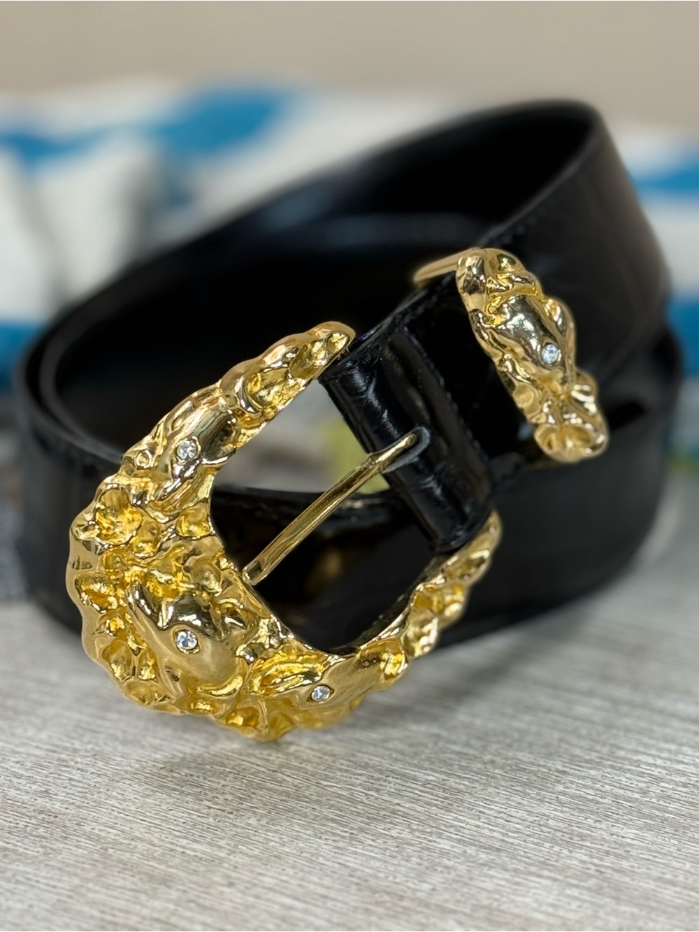 Vintage Patent Leather Belt with Ornate Gold Buckle